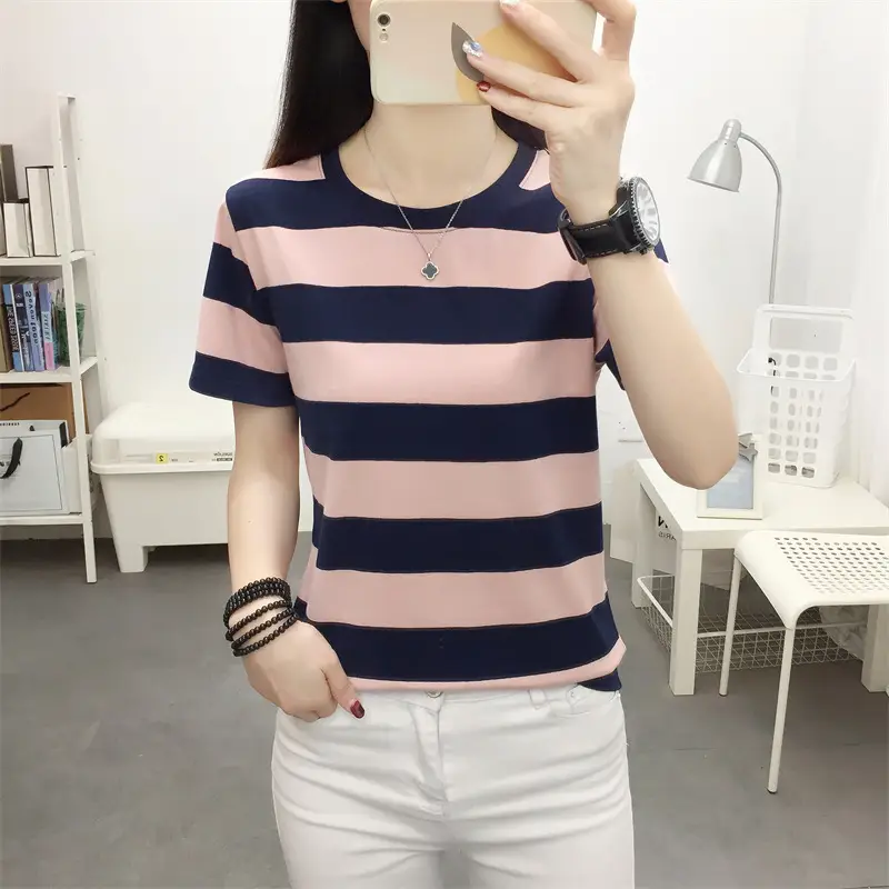 Women Blue Striped V-Neck T-Shirt Large Cotton 2023 - Image 26