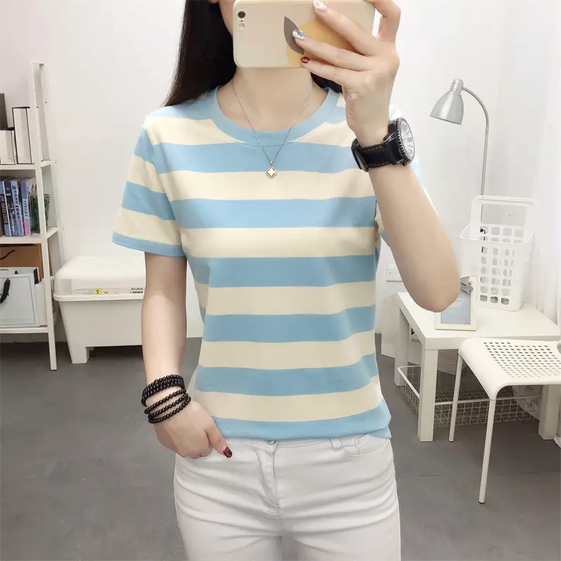 Women Blue Striped V-Neck T-Shirt Large Cotton 2023 - Image 27