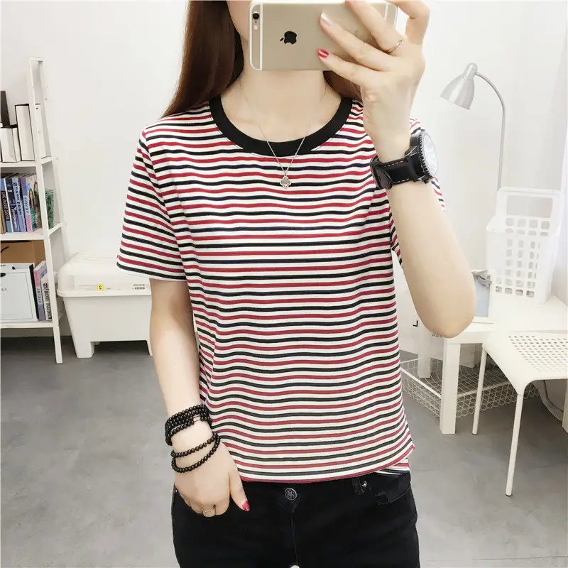 Women Blue Striped V-Neck T-Shirt Large Cotton 2023 - Image 28