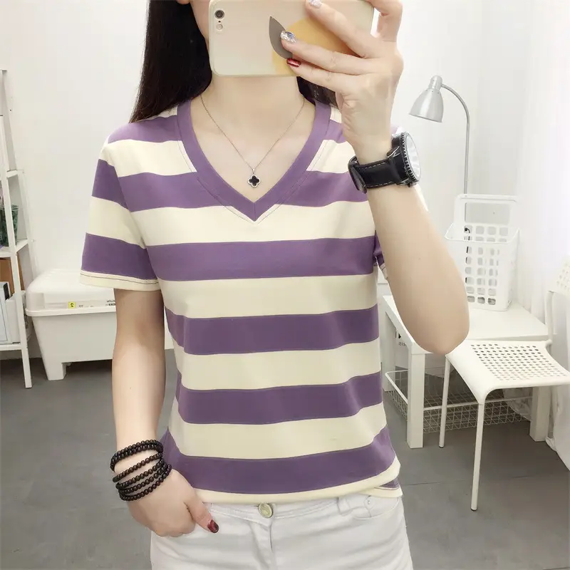 Women Blue Striped V-Neck T-Shirt Large Cotton 2023 - Image 30