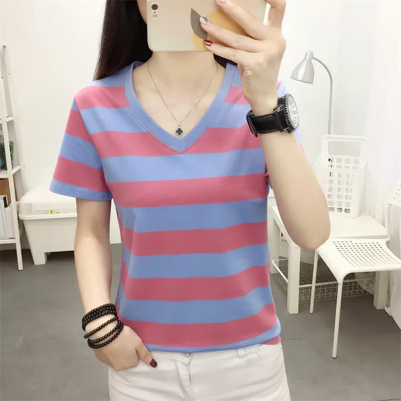 Women Blue Striped V-Neck T-Shirt Large Cotton 2023 - Image 31