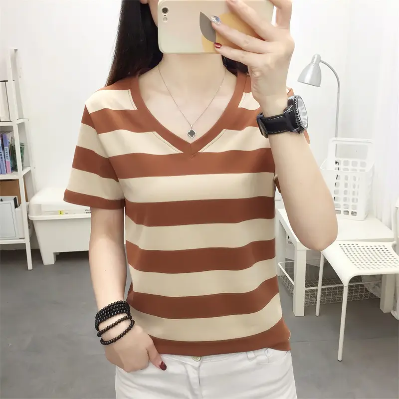 Women Blue Striped V-Neck T-Shirt Large Cotton 2023 - Image 32