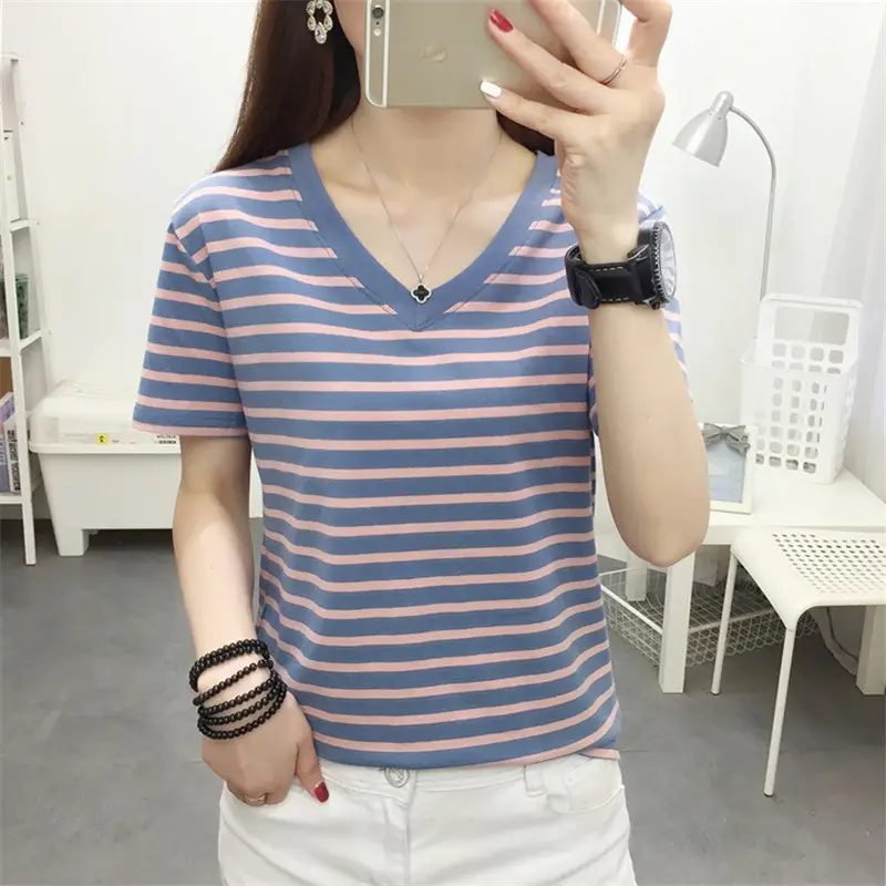 Women Blue Striped V-Neck T-Shirt Large Cotton 2023 - Image 34