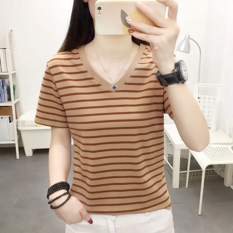 Women Blue Striped V-Neck T-Shirt Large Cotton 2023 - Image 35