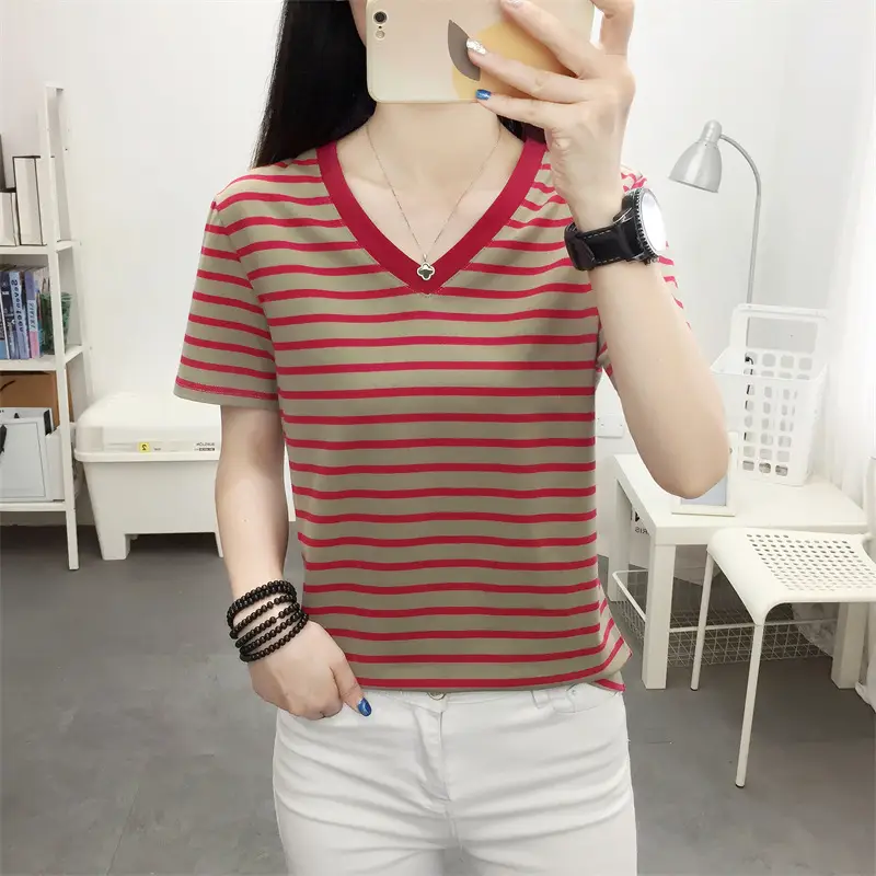 Women Blue Striped V-Neck T-Shirt Large Cotton 2023 - Image 36