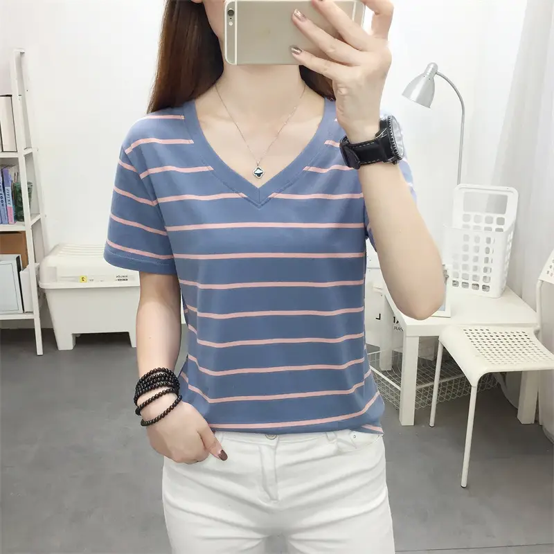 Women Blue Striped V-Neck T-Shirt Large Cotton 2023 - Image 38