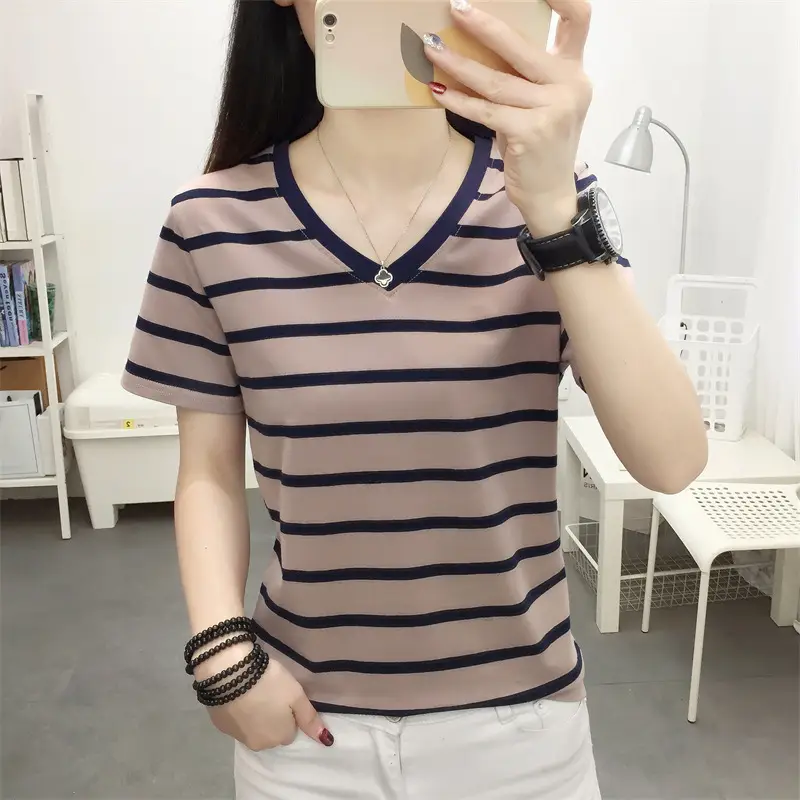 Women Blue Striped V-Neck T-Shirt Large Cotton 2023 - Image 39