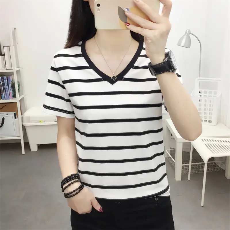 Women Blue Striped V-Neck T-Shirt Large Cotton 2023 - Image 41