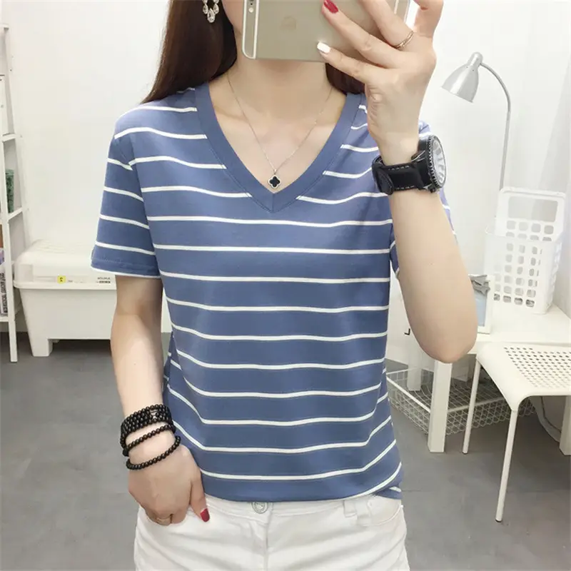 Women Blue Striped V-Neck T-Shirt Large Cotton 2023 - Image 42
