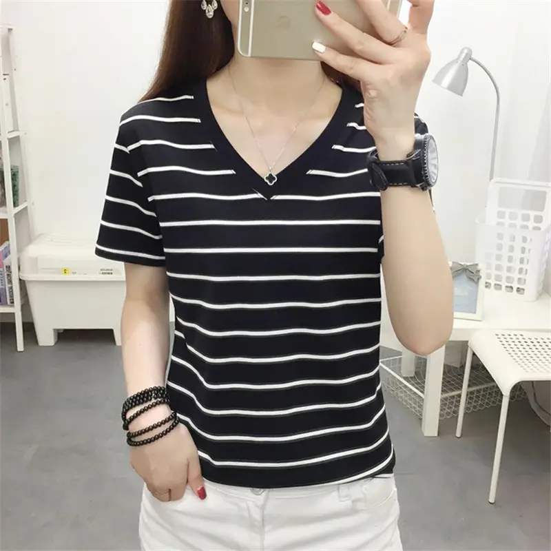 Women Blue Striped V-Neck T-Shirt Large Cotton 2023 - Image 43