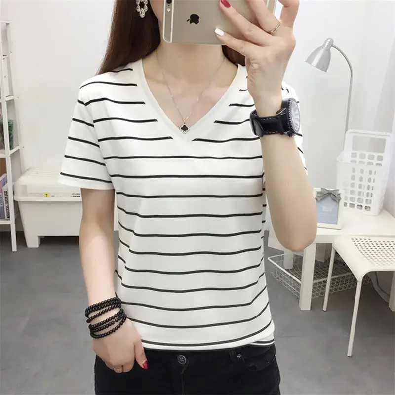 Women Blue Striped V-Neck T-Shirt Large Cotton 2023 - Image 44