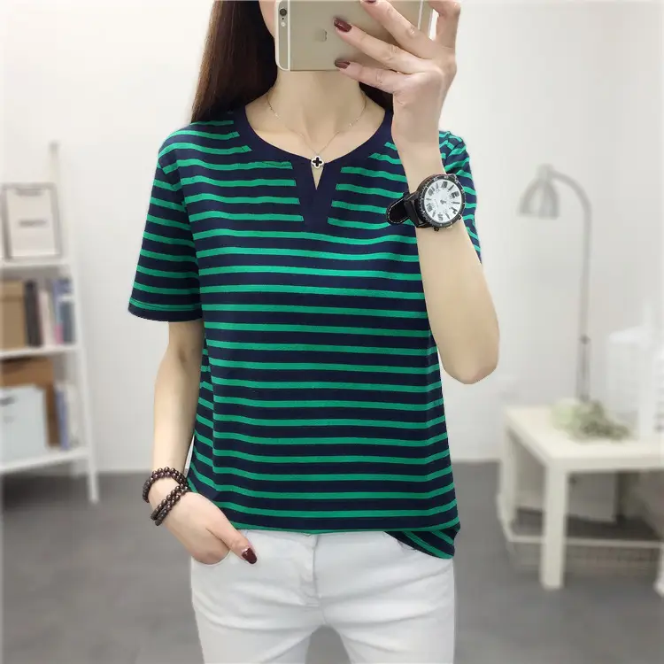 Women Blue Striped V-Neck T-Shirt Large Cotton 2023 - Image 45