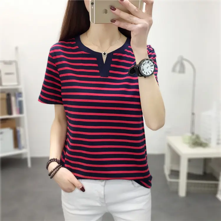 Women Blue Striped V-Neck T-Shirt Large Cotton 2023 - Image 46
