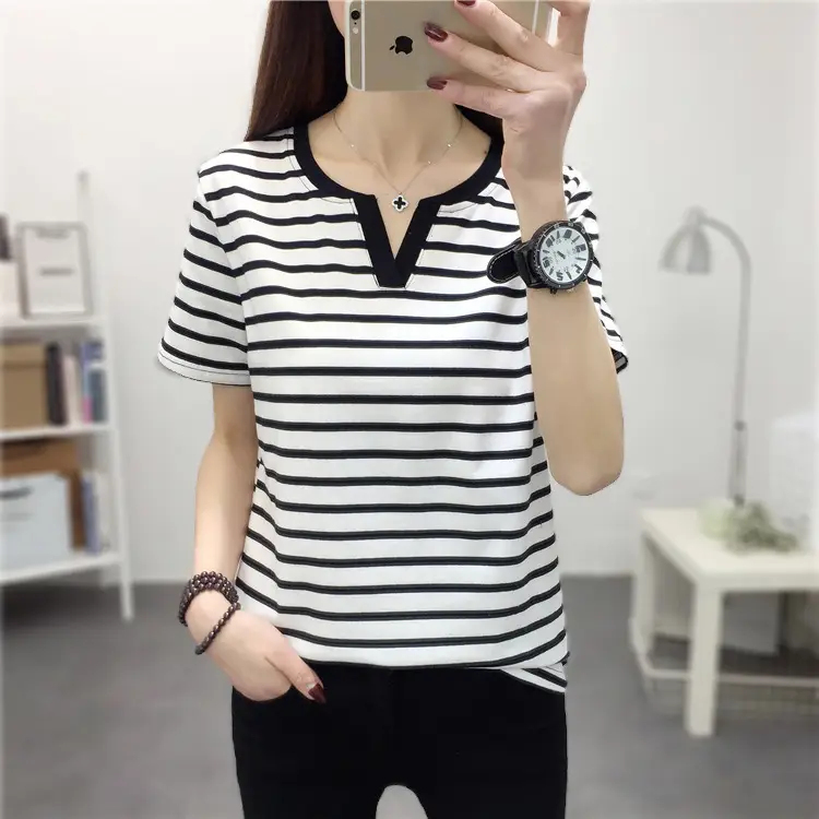 Women Blue Striped V-Neck T-Shirt Large Cotton 2023 - Image 47