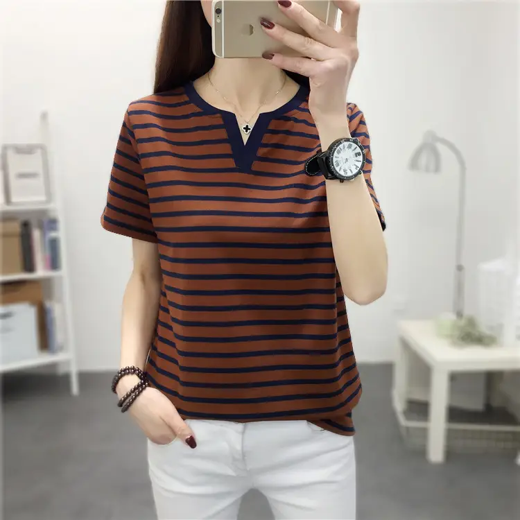 Women Blue Striped V-Neck T-Shirt Large Cotton 2023 - Image 48