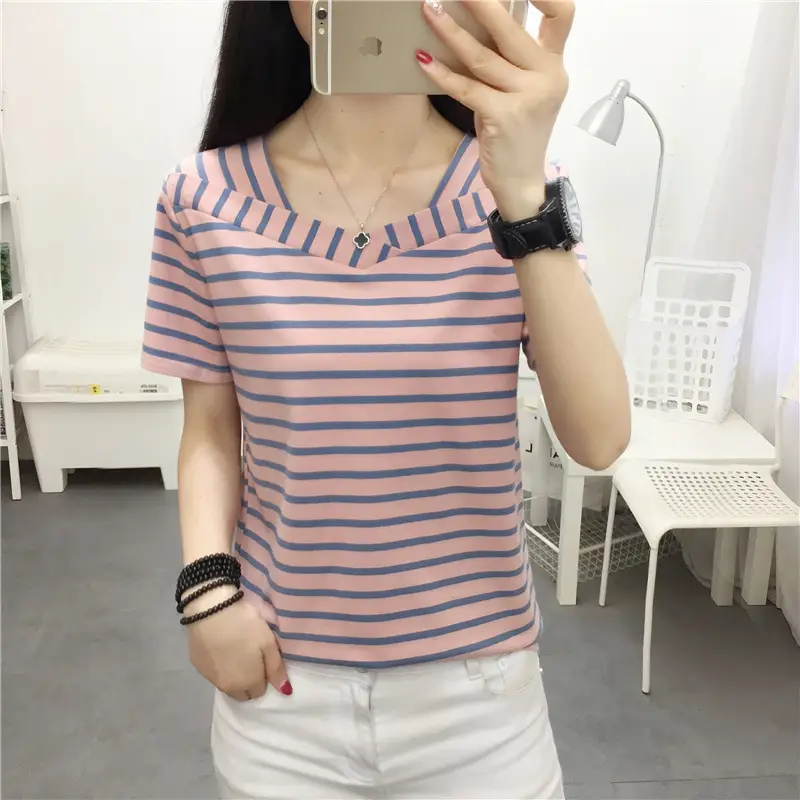 Women Blue Striped V-Neck T-Shirt Large Cotton 2023 - Image 49