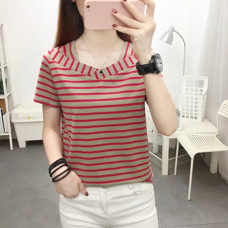 Women Blue Striped V-Neck T-Shirt Large Cotton 2023 - Image 50
