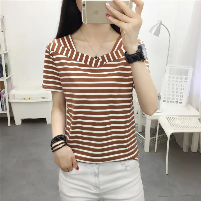 Women Blue Striped V-Neck T-Shirt Large Cotton 2023 - Image 51