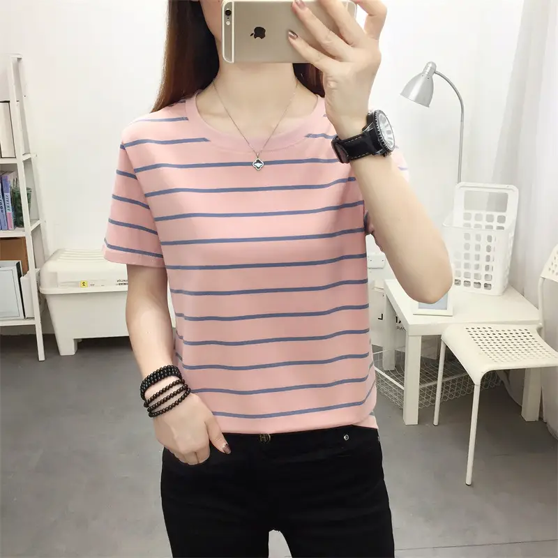 Women Blue Striped V-Neck T-Shirt Large Cotton 2023 - Image 9