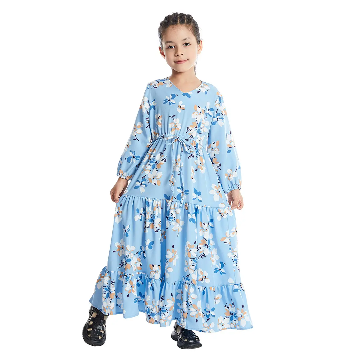 Girl's Blue Floral Long Sleeve Maxi Dress