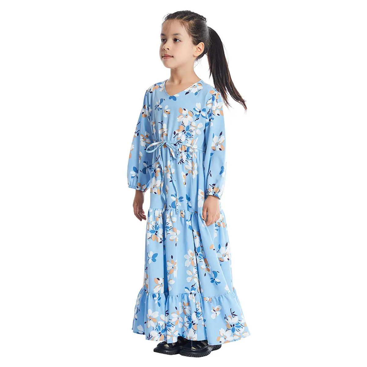 Girl's Blue Floral Long Sleeve Maxi Dress