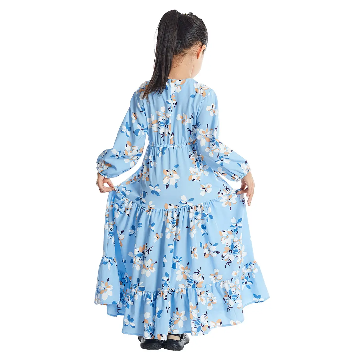 Girl's Blue Floral Long Sleeve Maxi Dress