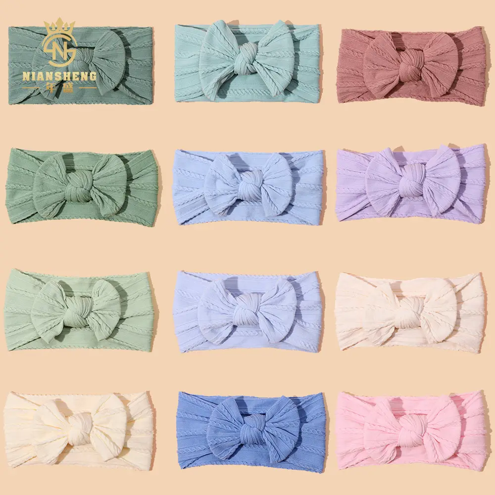 Newborn Baby Headband with Bow, Beige Nylon Jacquard - Image 26