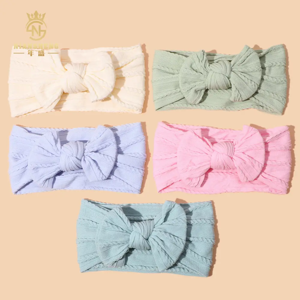 Newborn Baby Headband with Bow, Beige Nylon Jacquard - Image 28