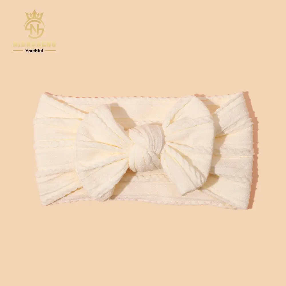 Newborn Baby Headband with Bow, Beige Nylon Jacquard - Image 10