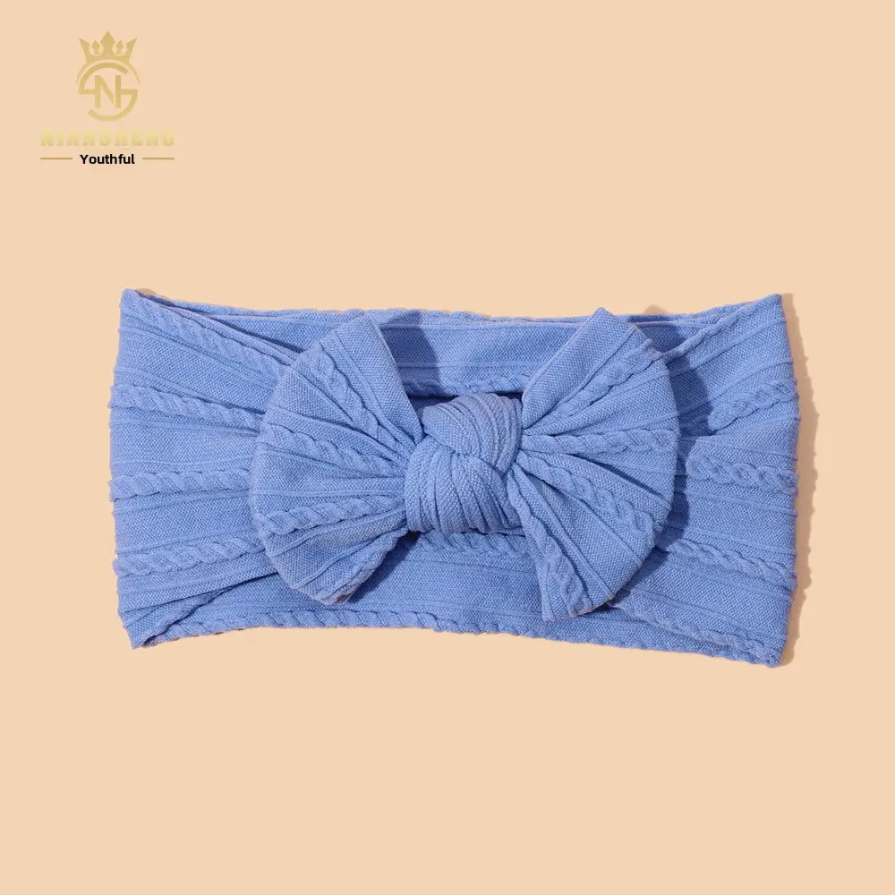 Newborn Baby Headband with Bow, Beige Nylon Jacquard - Image 11