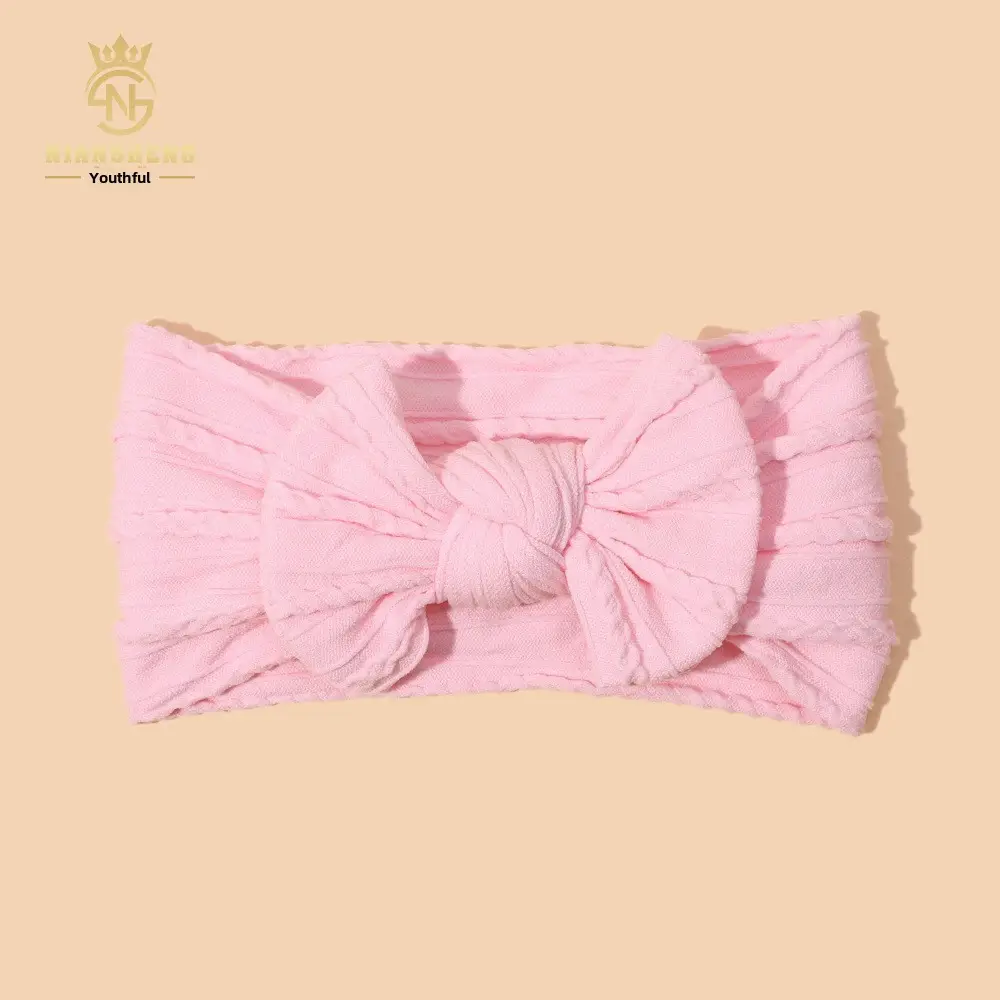 Newborn Baby Headband with Bow, Beige Nylon Jacquard - Image 12