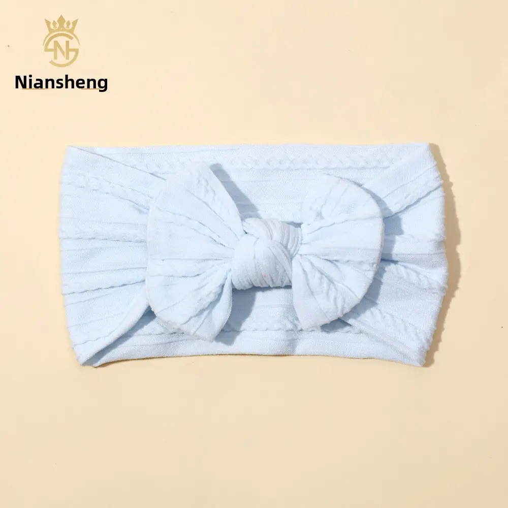 Newborn Baby Headband with Bow, Beige Nylon Jacquard - Image 13