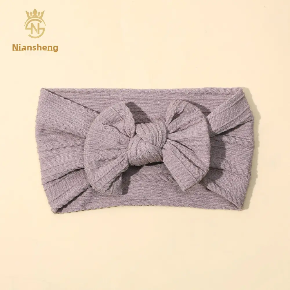 Newborn Baby Headband with Bow, Beige Nylon Jacquard - Image 14
