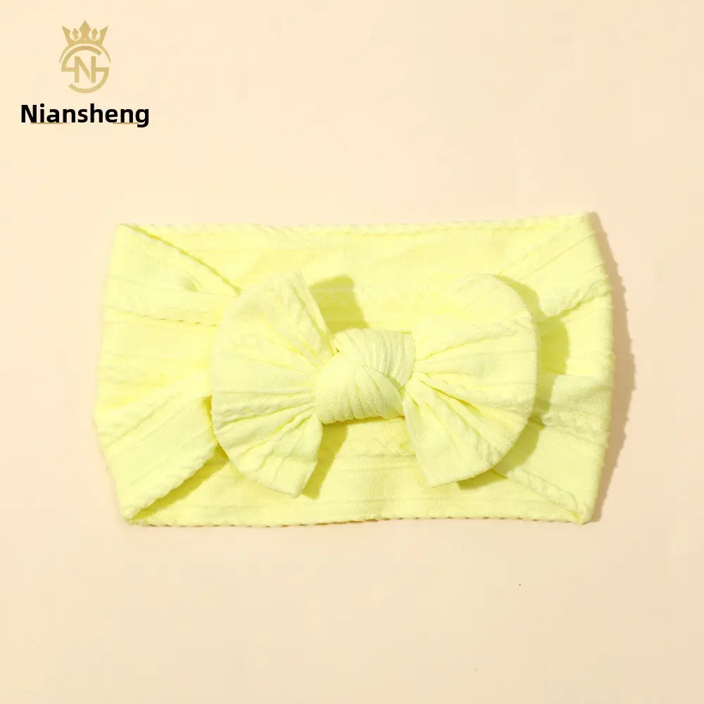 Newborn Baby Headband with Bow, Beige Nylon Jacquard - Image 17