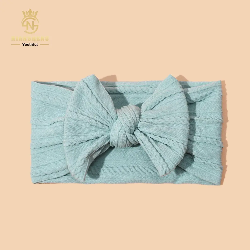 Newborn Baby Headband with Bow, Beige Nylon Jacquard - Image 2