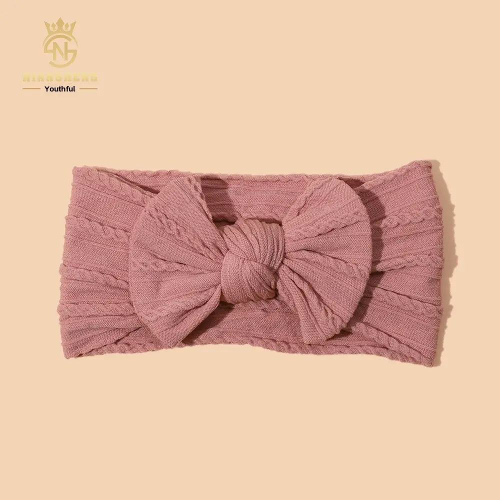 Newborn Baby Headband with Bow, Beige Nylon Jacquard - Image 3