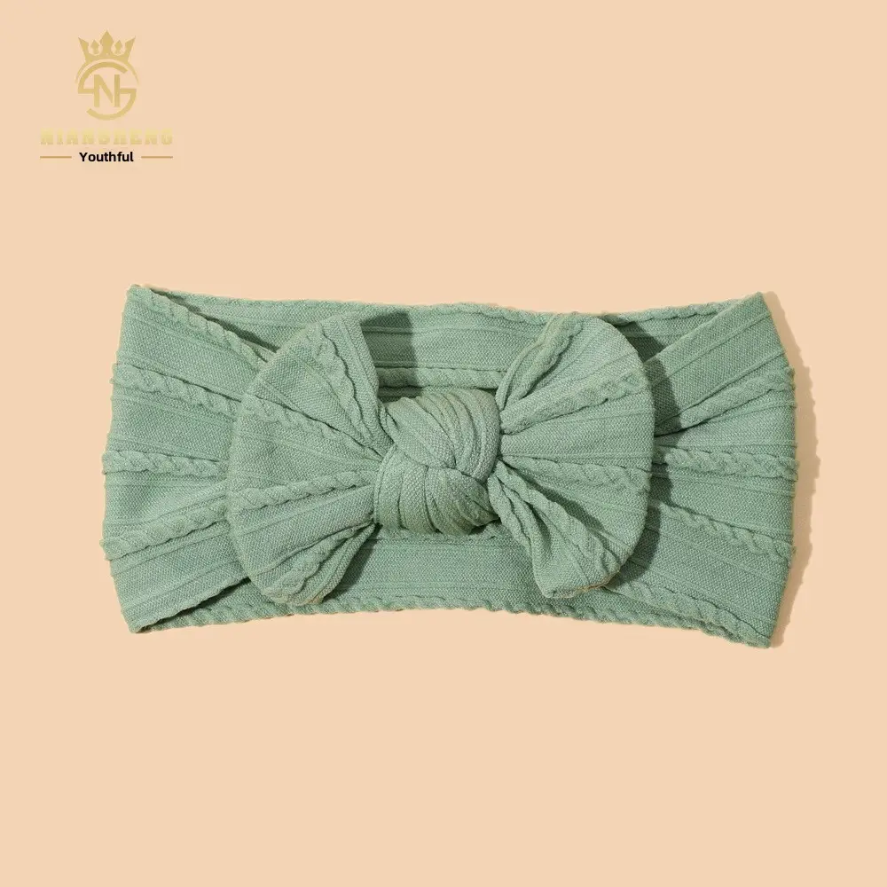 Newborn Baby Headband with Bow, Beige Nylon Jacquard - Image 4