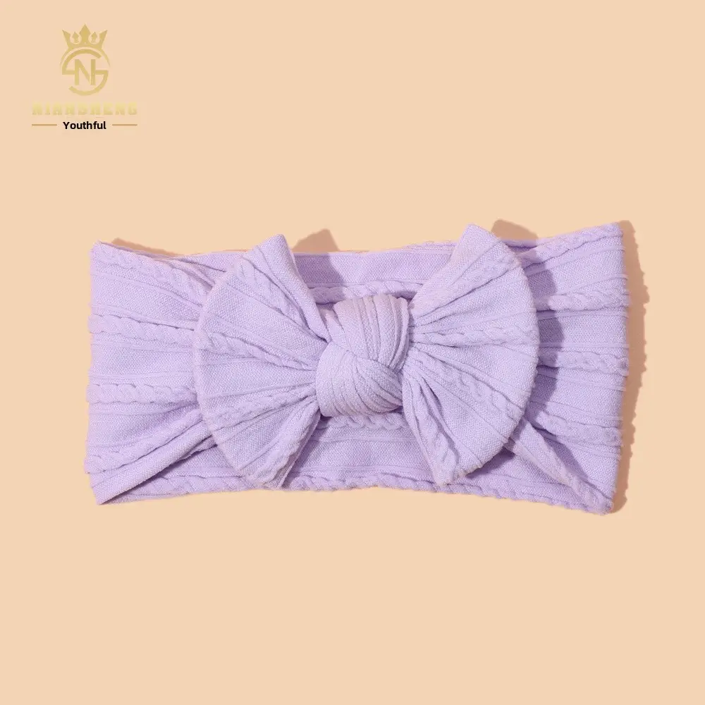 Newborn Baby Headband with Bow, Beige Nylon Jacquard - Image 6