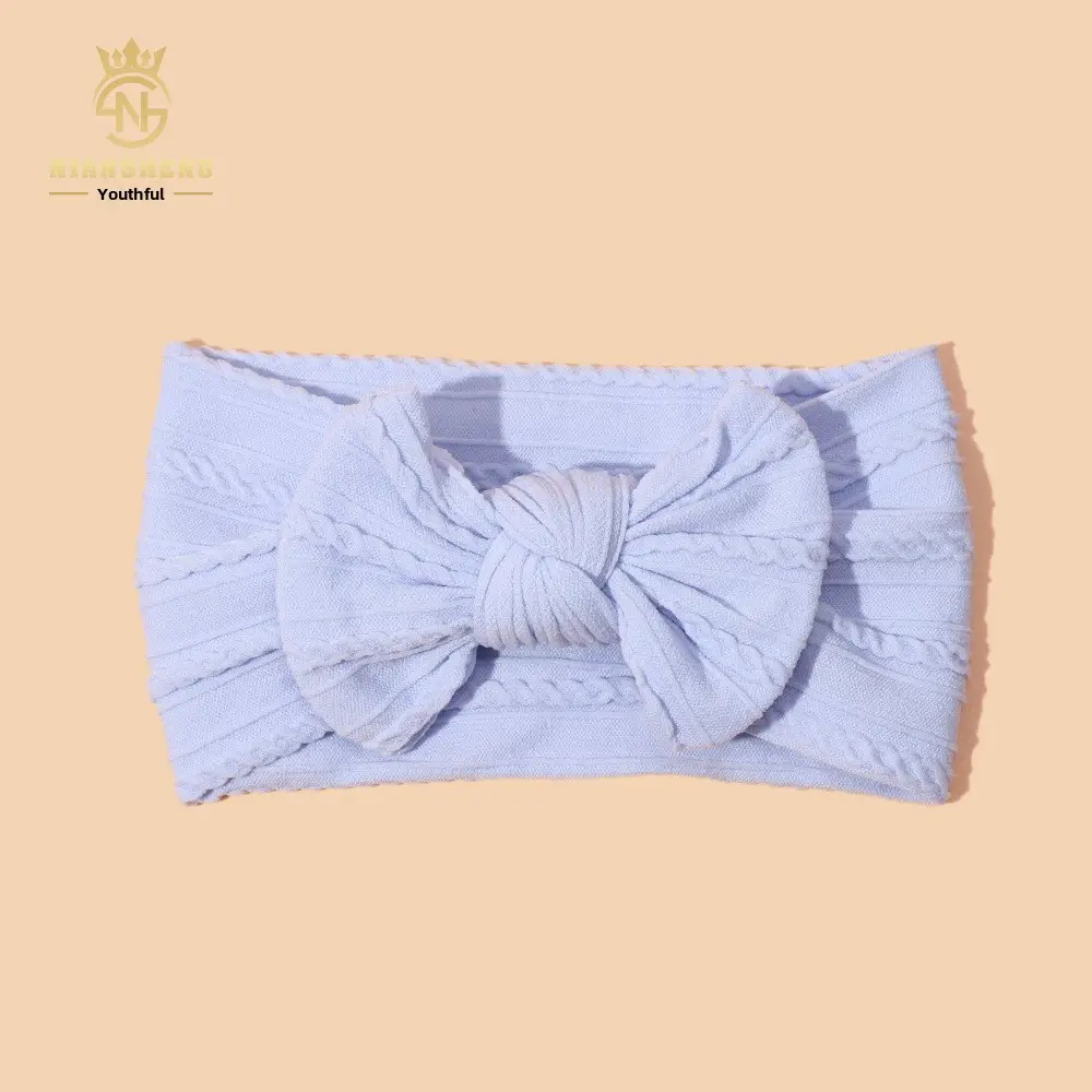 Newborn Baby Headband with Bow, Beige Nylon Jacquard - Image 8