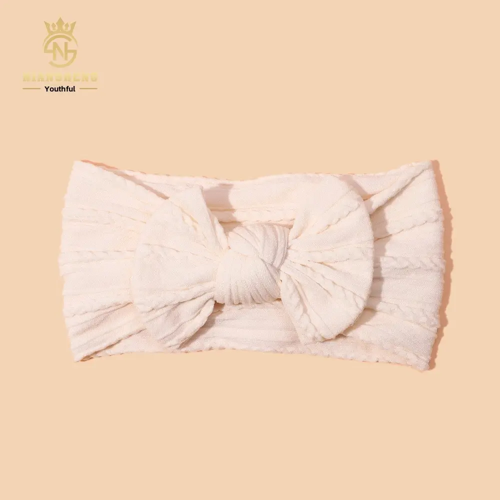 Newborn Baby Headband with Bow, Beige Nylon Jacquard - Image 9