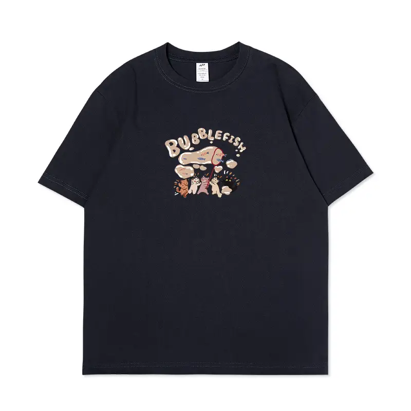Men Cartoon Printed Cotton T-Shirt Dark Blue Loose Large - Image 2