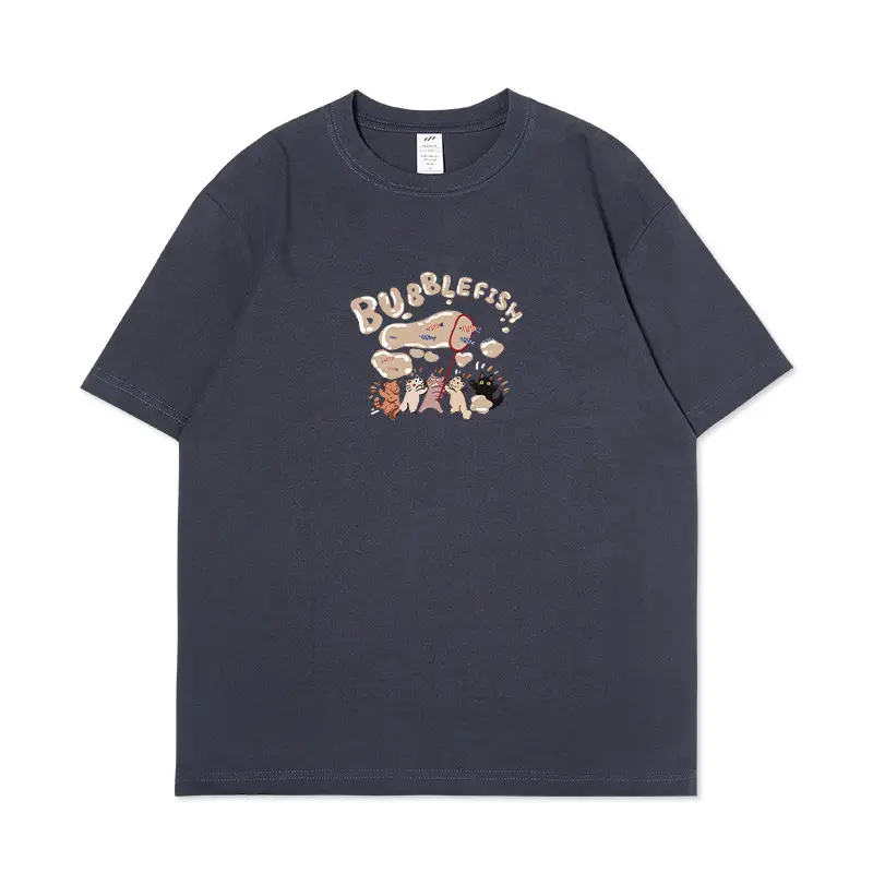 Men Cartoon Printed Cotton T-Shirt Dark Blue Loose Large - Image 6