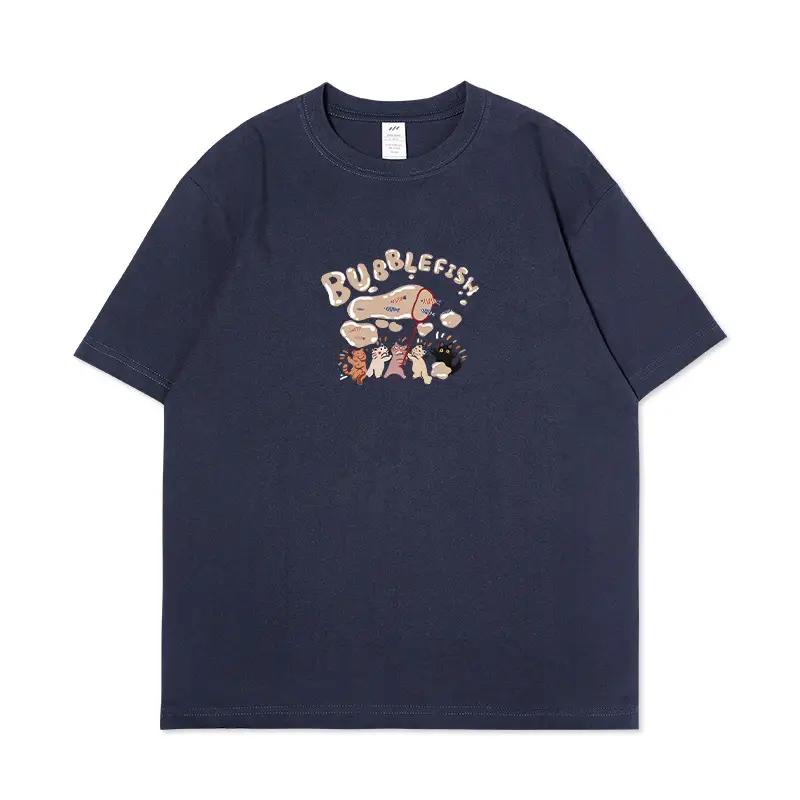 Men Cartoon Printed Cotton T-Shirt Dark Blue Loose Large - Image 7