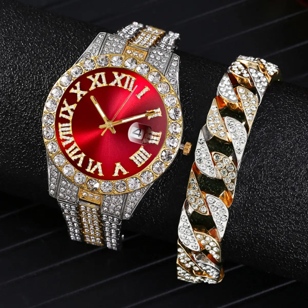 Luxury Gold Diamond Watch for Men Red Face Roman Scale - Image 10