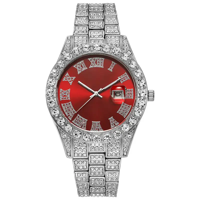 Luxury Gold Diamond Watch for Men Red Face Roman Scale - Image 4