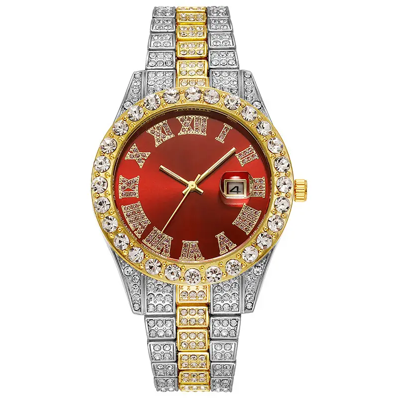 Luxury Gold Diamond Watch for Men Red Face Roman Scale - Image 9