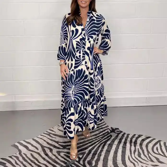 Women's Printed Loose Fit Dress Black White - Image 6