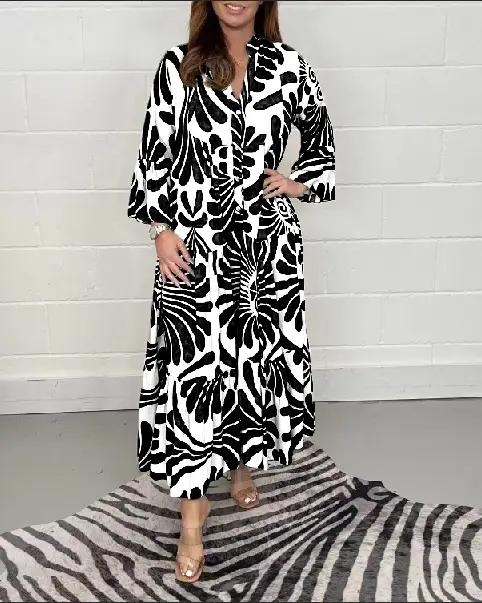 Women's Printed Loose Fit Dress Black White — feature 20