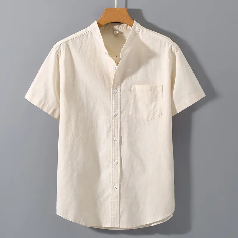 Men Linen Short Sleeve Shirt Loose Fit Cream - Image 3