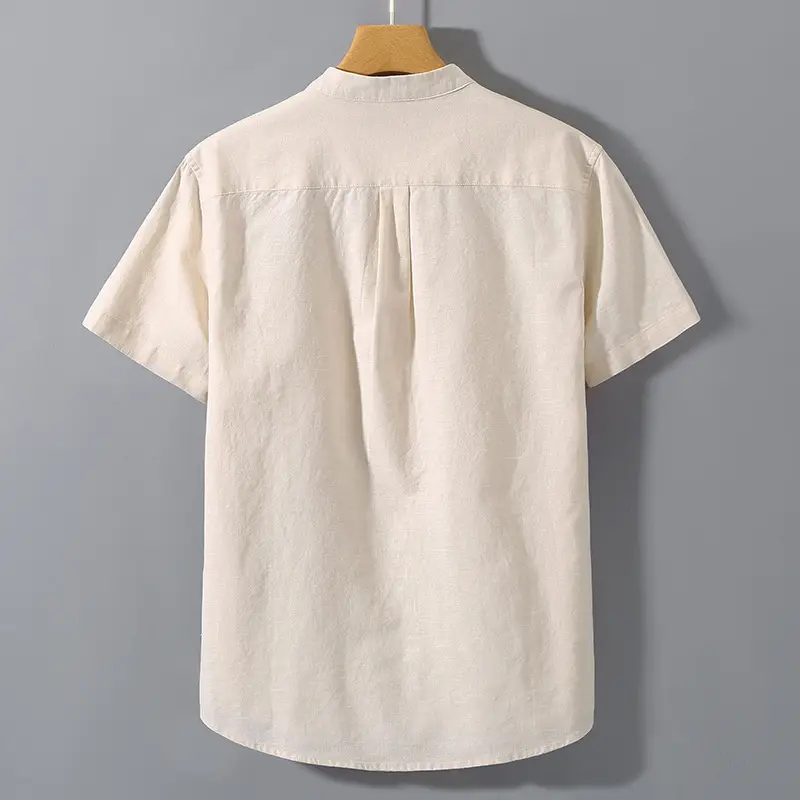 Men Linen Short Sleeve Shirt Loose Fit Cream - Image 10